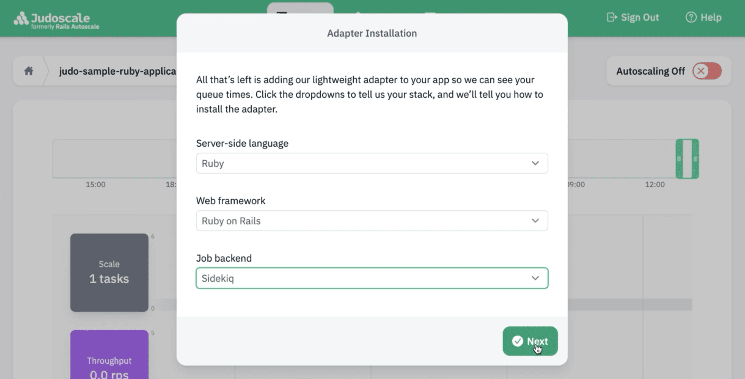 Screenshot: Judoscale adapter installation wizard
