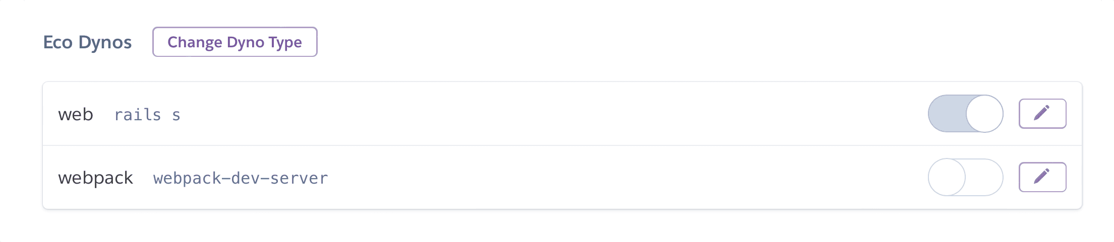 Screenshot: Heroku dashboard with a process type's resources disabled