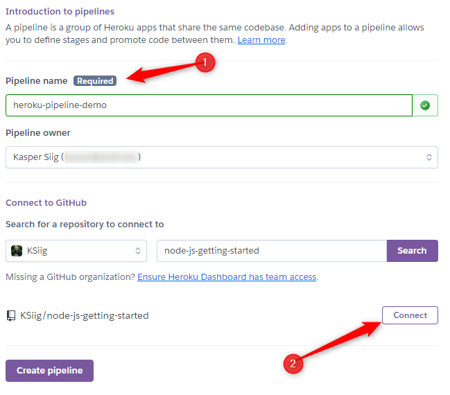 Pipeline creation screen