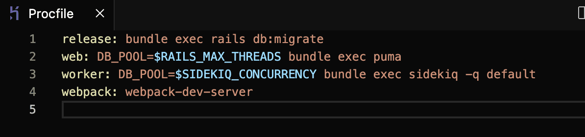 Screenshot: A Procfile with inline environment variables